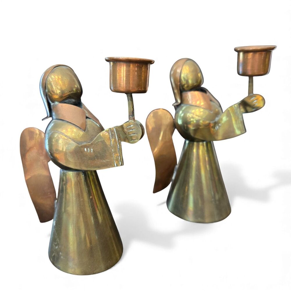Vtg Copper + Brass Angels Candle Holders Set‎ of 2 • Made in Mexico 5.5" Hollow